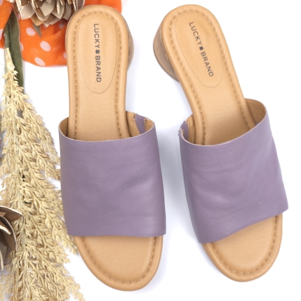 New Lucky Brand Women's Purple Leather Slide Sandals Sz 9m - Picture 3 of 10